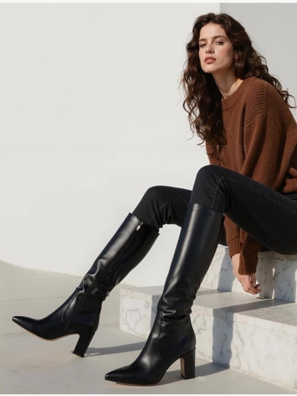 NWT Black Faux Leather Block-Heel Knee Boot